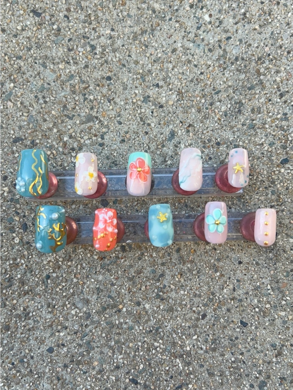 Hand-Painted Press-On Nail Set - Pastel Floral & Ocean Accents